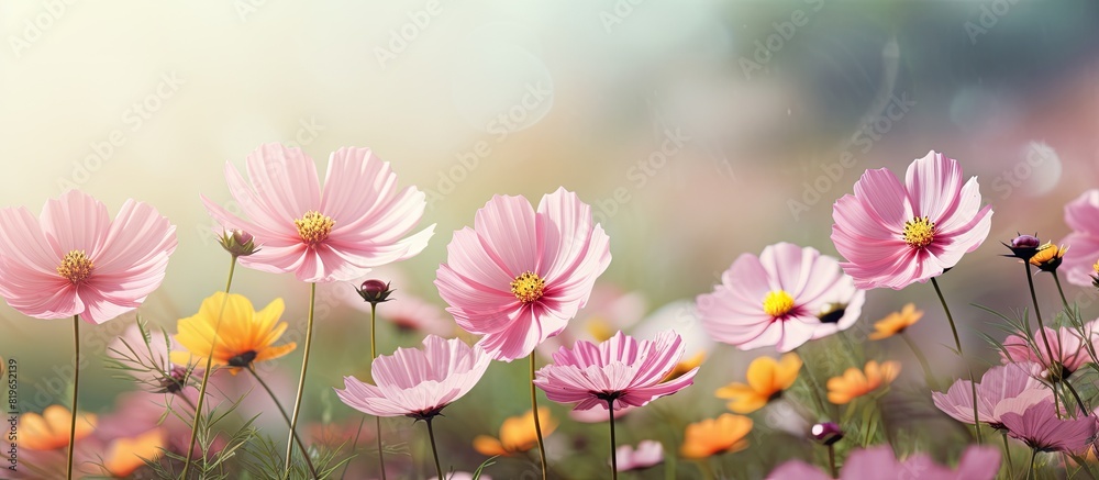 Fototapeta premium A garden adorned with vintage pink and yellow cosmos flowers providing a charming backdrop for a copy space image