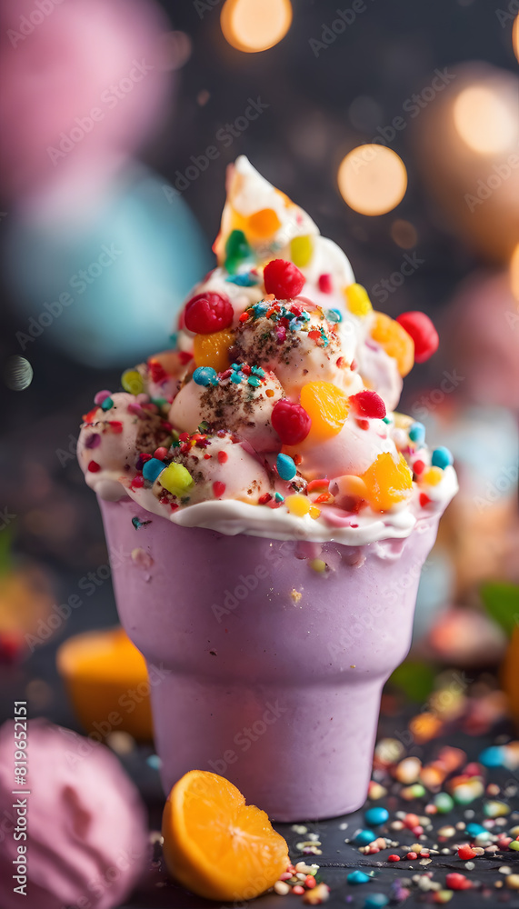 A colorful and festive ice cream sundae in a purple cup, topped with various candies and sprinkles. The background is blurred with bokeh lights, creating a celebratory atmosphere. Ice Cream Month. A colorful and festive ice cream sundae in a purple cup, topped with various candies and sprinkles. The background is blurred with bokeh lights, creating a celebratory atmosphere. Ice Cream Month.