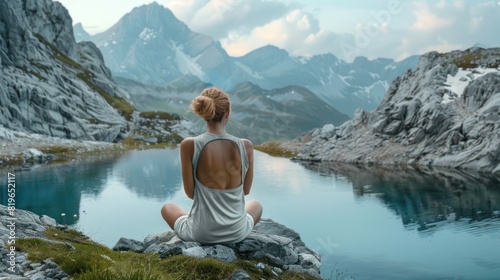 Woman Admiring Majestic Mountain Lake - A woman sitting by a serene mountain lake, gazing at the stunning snow-capped peaks and clear blue waters under a bright sky.