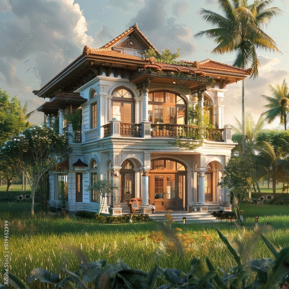Elegant TwoStory Villa Nestled in a Serene Rice Field Landscape