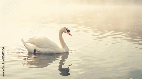 swan swimming on tranquil lake. A graceful swan glides across a tranquil lake, surrounded by misty morning light..