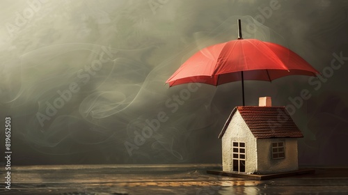  Model house under big umbrella symbolizes home insurance protecting property. 