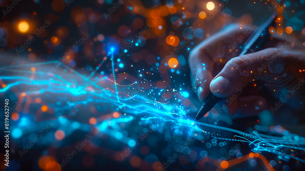 A hand interacting with glowing digital lines and dots on a dark bokeh background, symbolizing innovation. Generative AI