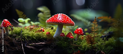 A visually striking woodland plant species Amanita muscaria is a vividly colorful and attention grabbing subject perfect for a copy space image