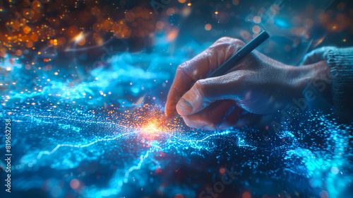 A hand using a stylus on a luminous digital interface with bokeh effects, creative concept on a dark background. Generative AI photo