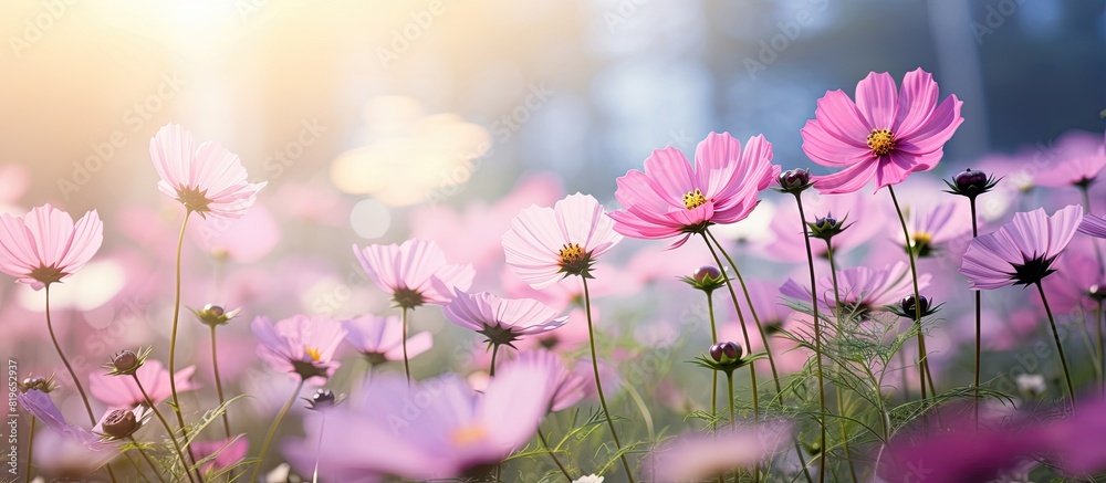 Garden with cosmos flowers blooming providing a vibrant and colorful backdrop. Copy space image. Place for adding text and design