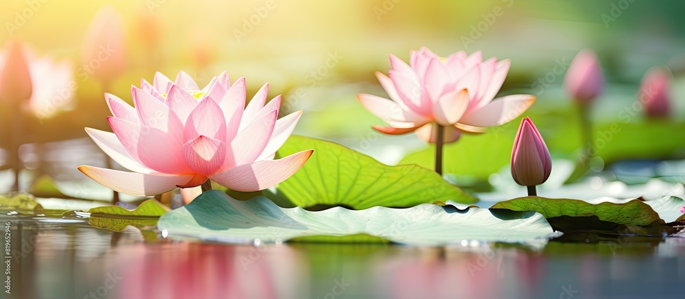 Fototapeta premium Pink lotus flower blooming in a pond surrounded by nenuphar flowers and leaves in summer Macro close up shot of the high quality image with copy space