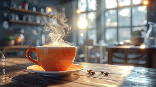 A steaming cup of coffee on a wooden table in a cozy cafe with natural light streaming through the windows.