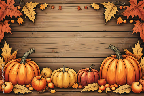 Thanksgiving vector  Apples  pumpkins  fallen leaves on wood. Room for text. Halloween  Thanksgiving  or seasonal backdrop.