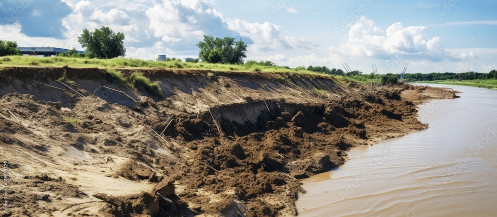 Obraz premium Soil erosion due to flood in the nearby river. Copy space image. Place for adding text and design