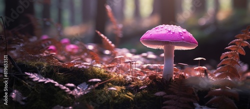 A vibrant pink mushroom stands out by itself in the forest creating a captivating copy space image photo