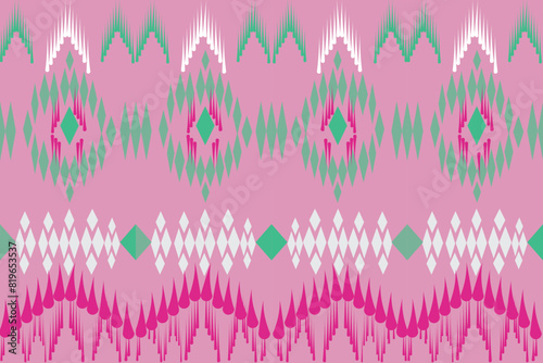 seamless pattern with waves ikat geometric green pink white