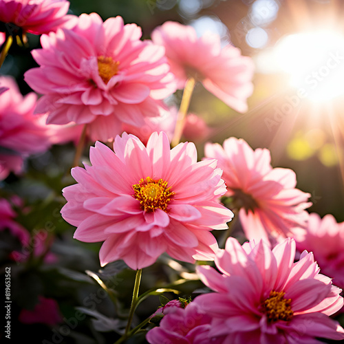 a close up of a bunch of pink flowers with the sun shining on them  generate ai