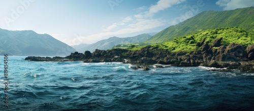 Scenic view of a wild lush green island with rocky terrain in the sea ideal for a copy space image