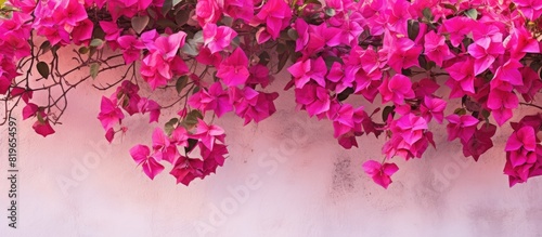 Selective focus on a wall covered in vibrant pink bougainvillea flowers and leaves providing copy space image potential