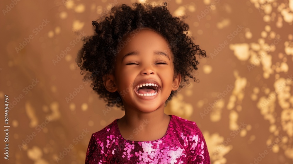 Child in a shiny magenta sequin dress, laughing with joy, on a muted gold background. Child in a shiny magenta sequin dress, laughing with joy, on a muted gold background.