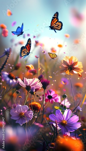 Amidst a serene meadow  vibrant flowers bloom  attracting a kaleidoscope of butterflies dancing in the gentle breeze