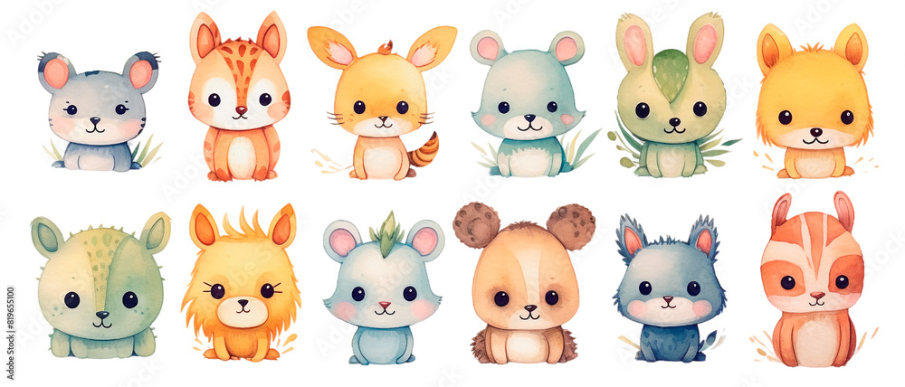 Baby cute animals watercolor set. Hand drawn set small animals. generated Ai Baby cute animals watercolor set. Hand drawn set small animals. generated Ai