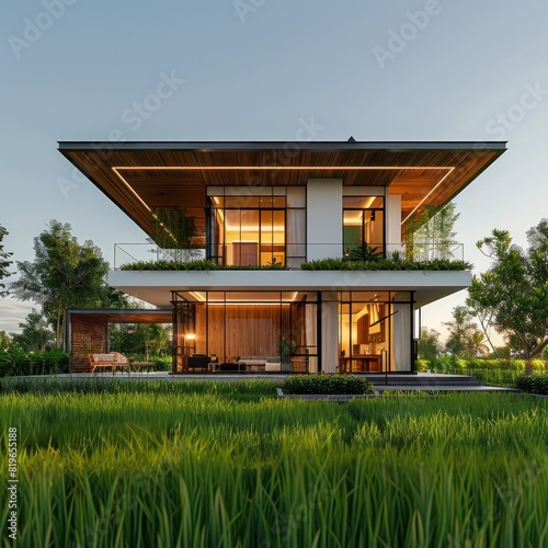 Sustainable Modern Home Amidst Lush Green Rice Fields at Dawn photo