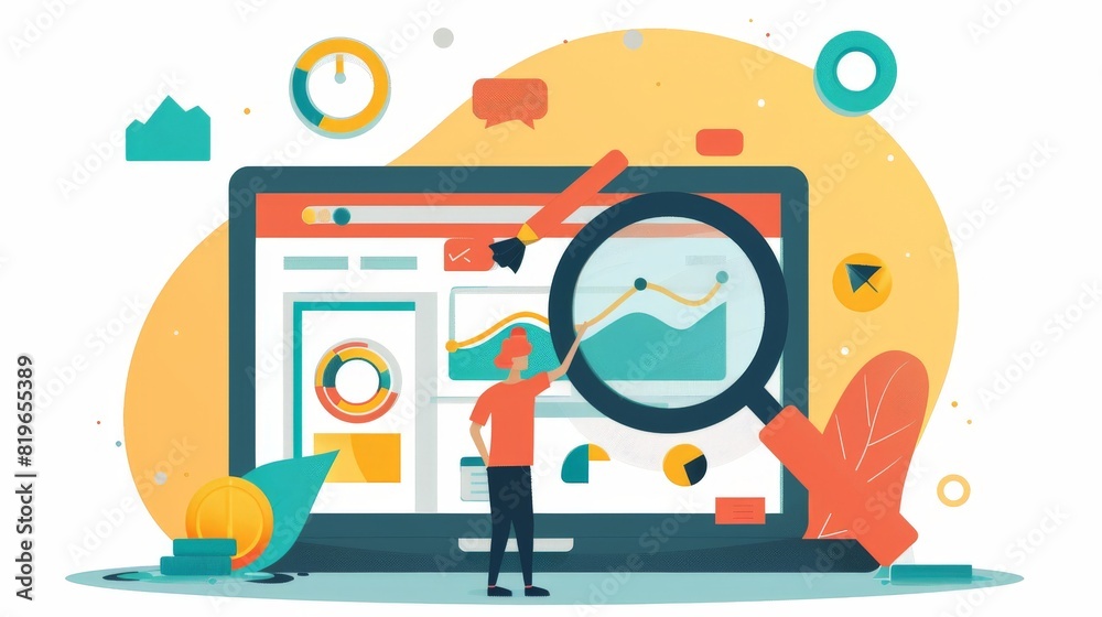 Obraz premium A search engine marketer conducts keyword research and bid optimizations to improve a company's visibility in online search results and drive website traffic.