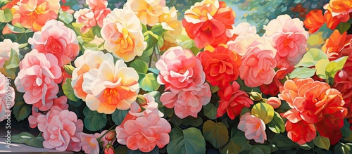 Beautiful Begonias with vibrant blooms fill the garden on a sunny midsummer day creating a picturesque green landscape with a copy space image