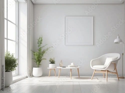 mock up modern interior with white chair in living room, Scandinavian style with empty wall, Crisp White wall © Dhiandra