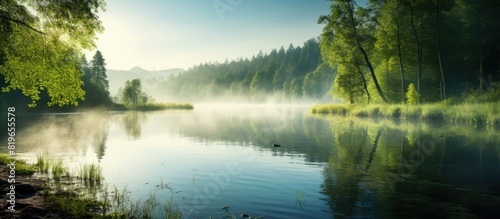 A serene morning scene with lush greenery reflecting in a tranquil forest lake creating a peaceful summer atmosphere for the copy space image