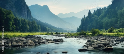 Scenic mountain landscape with a river towering rocks and a forest on the river bank perfect for a copy space image photo