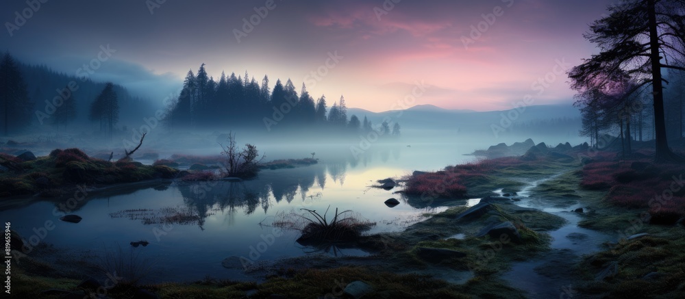 Mist on the evening tarn 6. Copy space image. Place for adding text and design