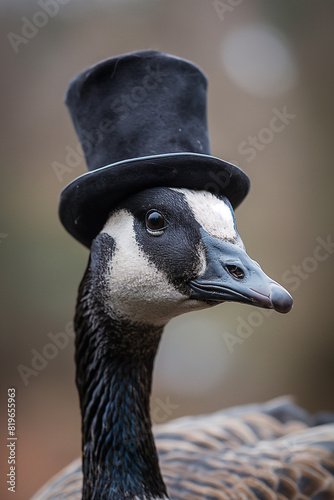 Portrait of a goose with a black top hat