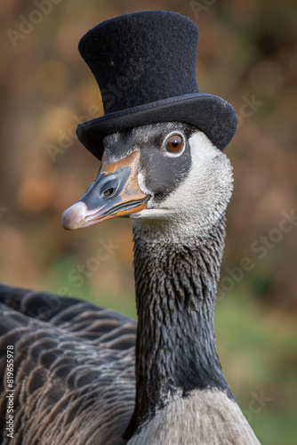 Portrait of a goose with a black top hat