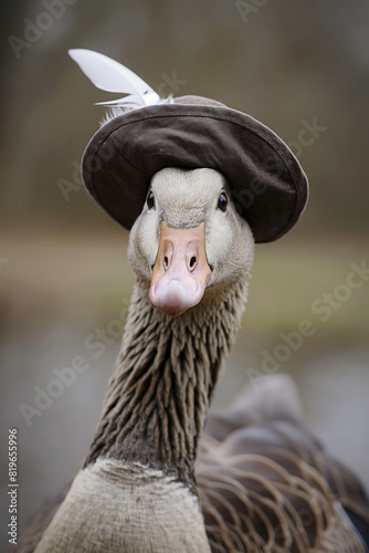Portrait of a goose with a heat with white feather