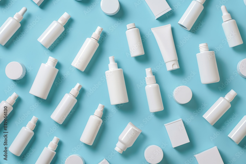 Overhead flay lay of blank white cosmetics products on a blue background Overhead flay lay of blank white cosmetics products on a blue background