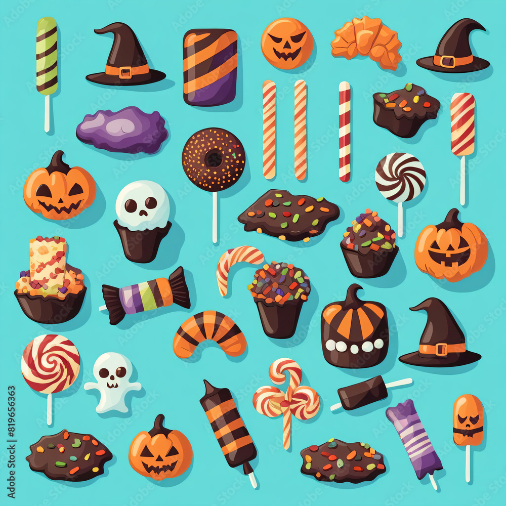 illustrate set of various halloween candies and treats with light blue background 