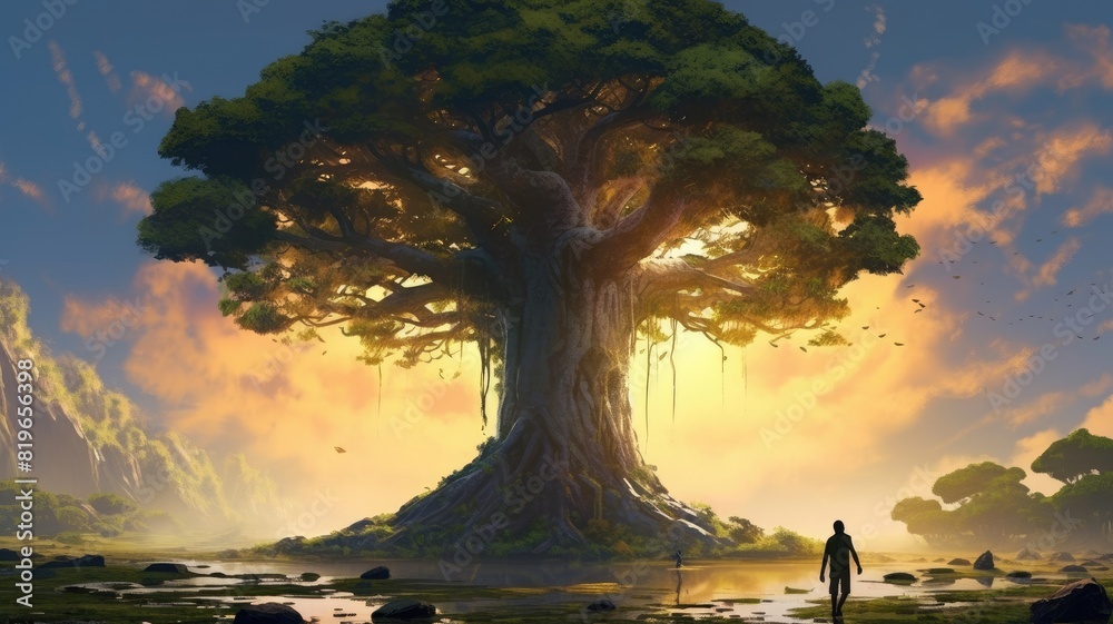Digital art of fantasy landscape with giant tree and figure by the river. Artistic concept for wallpaper and game background. Man and tree are on a rocky outcrop that juts out from a hillside. AIG35.