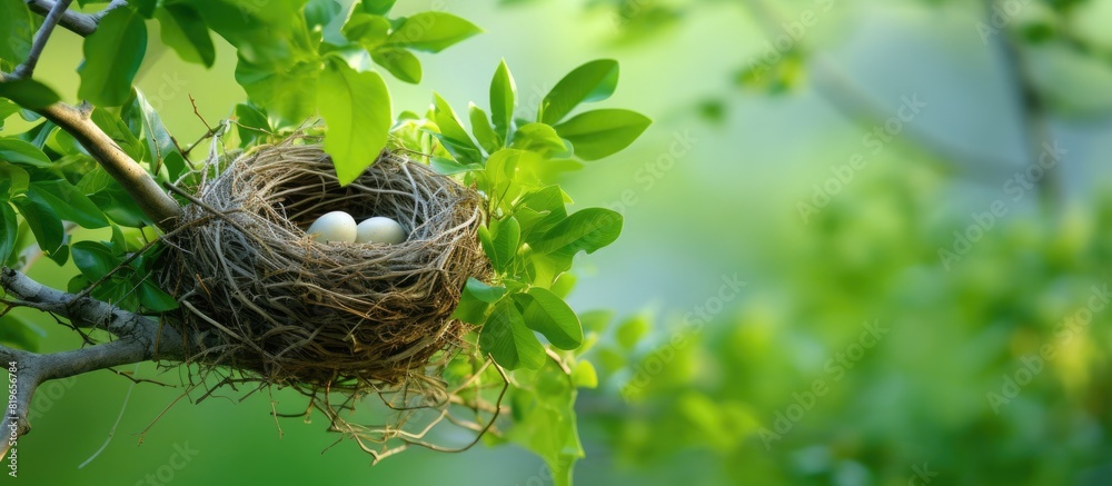 Bird nest on a tree branch with green leaves offering copy space image Bird nest on a tree branch with green leaves offering copy space image