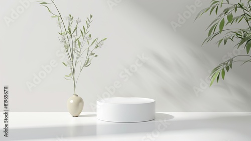 Simple circular podium gracefully adorns a modern white table  creating a scene of tranquil beauty Minimal white round product podium showcase stage on circular background. Abstract object and busines