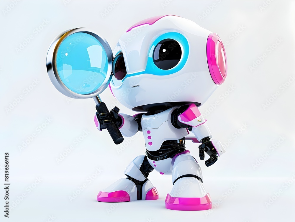 Adorable 3D Rendered Robotic Antivirus Scanning for Threats with Magnifying Glass on Isolated White Background Adorable 3D Rendered Robotic Antivirus Scanning for Threats with Magnifying Glass on Isolated White Background