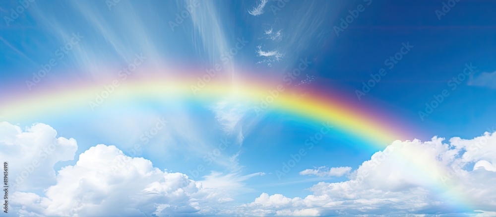 A picturesque scene of a rainbow over a blue sky with white clouds is captured in the photo offering a beautiful copy space image