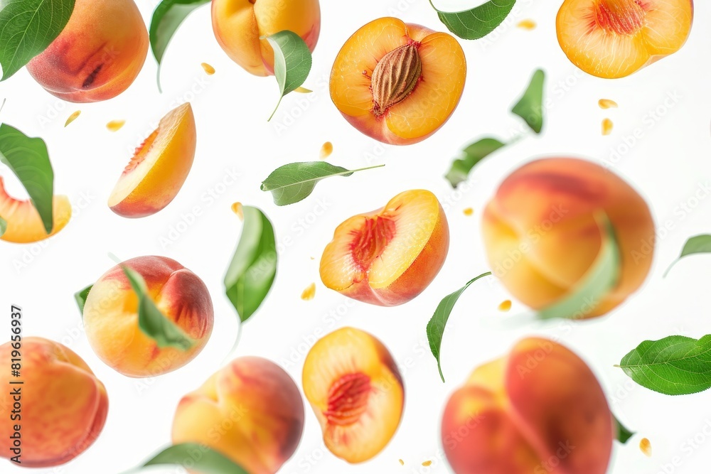 Ripe juicy peaches falling with green leaves on white background. Defocusing slices of fresh peaches Ripe juicy peaches falling with green leaves on white background. Defocusing slices of fresh peaches