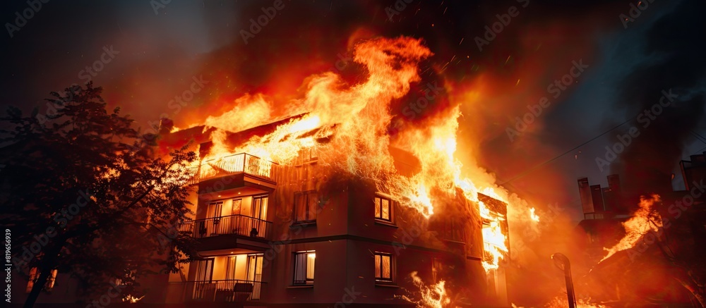 Building in fire at the night burning fire flame with smoke on the apartment house roof. Copy space image. Place for adding text and design