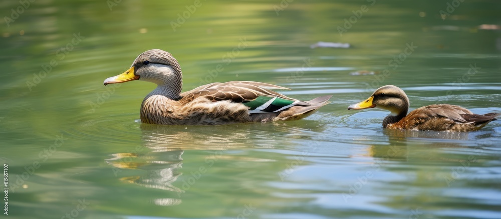 A male Mallard with a green head and yellow beak and a brown female Mallard swim together on the lake s tranquil waters creating a serene scene ideal for a copy space image A male Mallard with a green head and yellow beak and a brown female Mallard swim together on the lake s tranquil waters creating a serene scene ideal for a copy space image