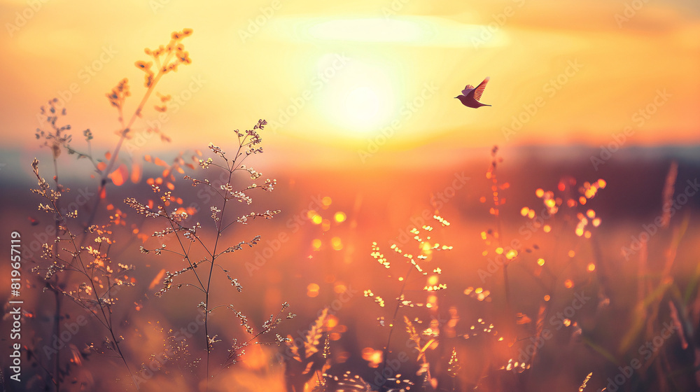 bird flying over field at sunset. A bird gracefully flying over a field at sunset, surrounded by warm, golden light..