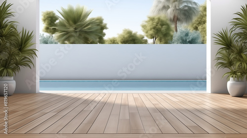 wooden deck with a pool and a wall of trees in the background