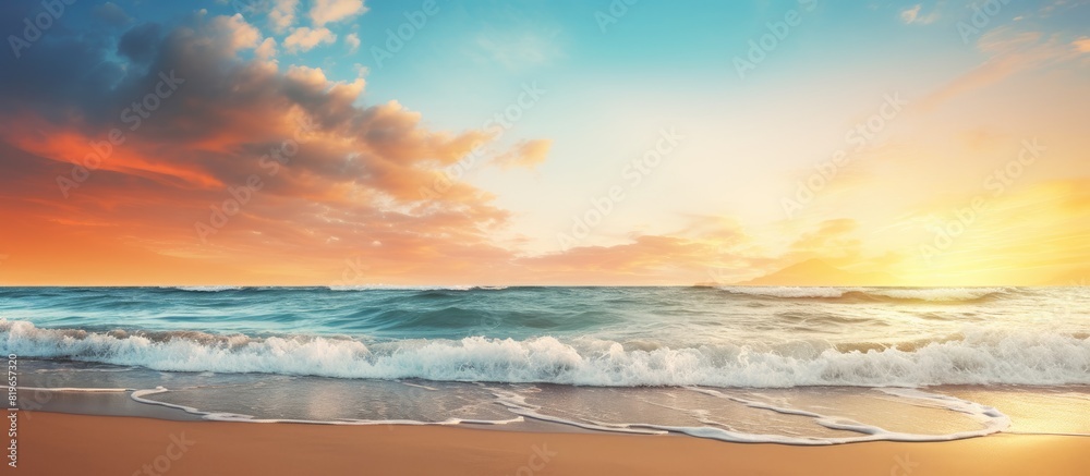 Golden sandy beach at sunset with sea view perfect for a copy space image Golden sandy beach at sunset with sea view perfect for a copy space image