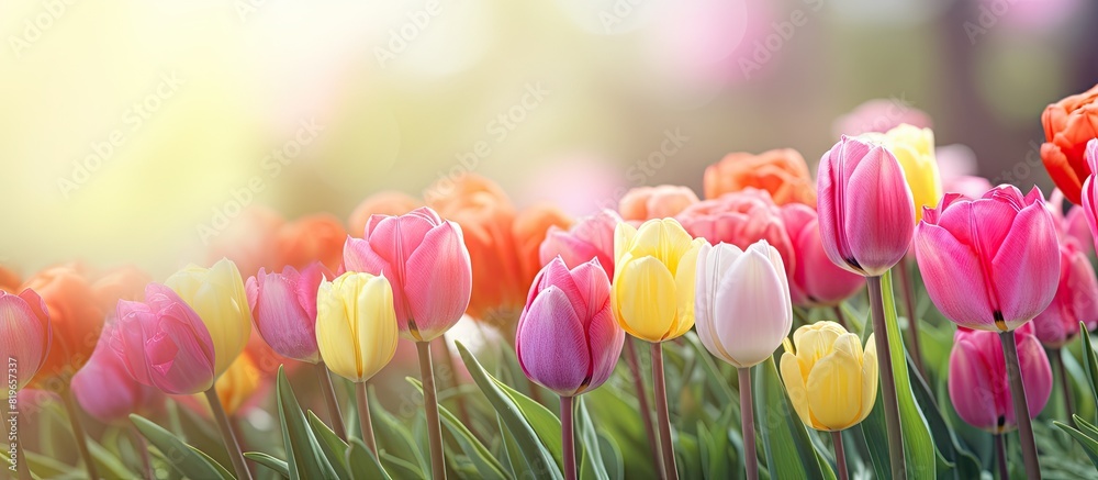Tulips in a colorful flowerbed with a picturesque background and copy space image