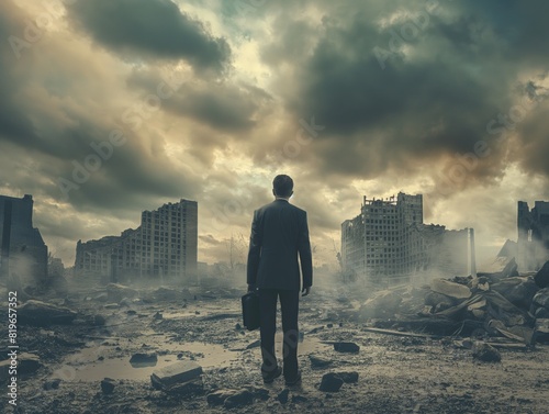 A lone businessman stands in a devastated city  symbolizing resilience and survival amidst chaos.