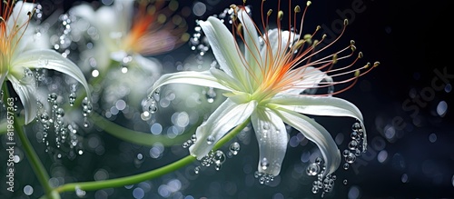 Appreciate the allure of a beach spider lily Hymenocallis littoralis with glistening raindrops on its petals set against a background of copy space image photo