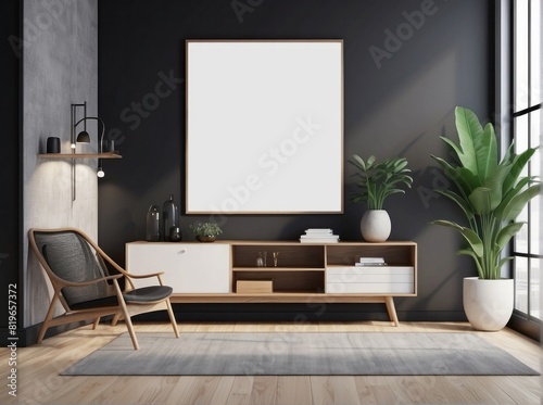 mock up poster frame in modern interior background, wooden office, Black wall