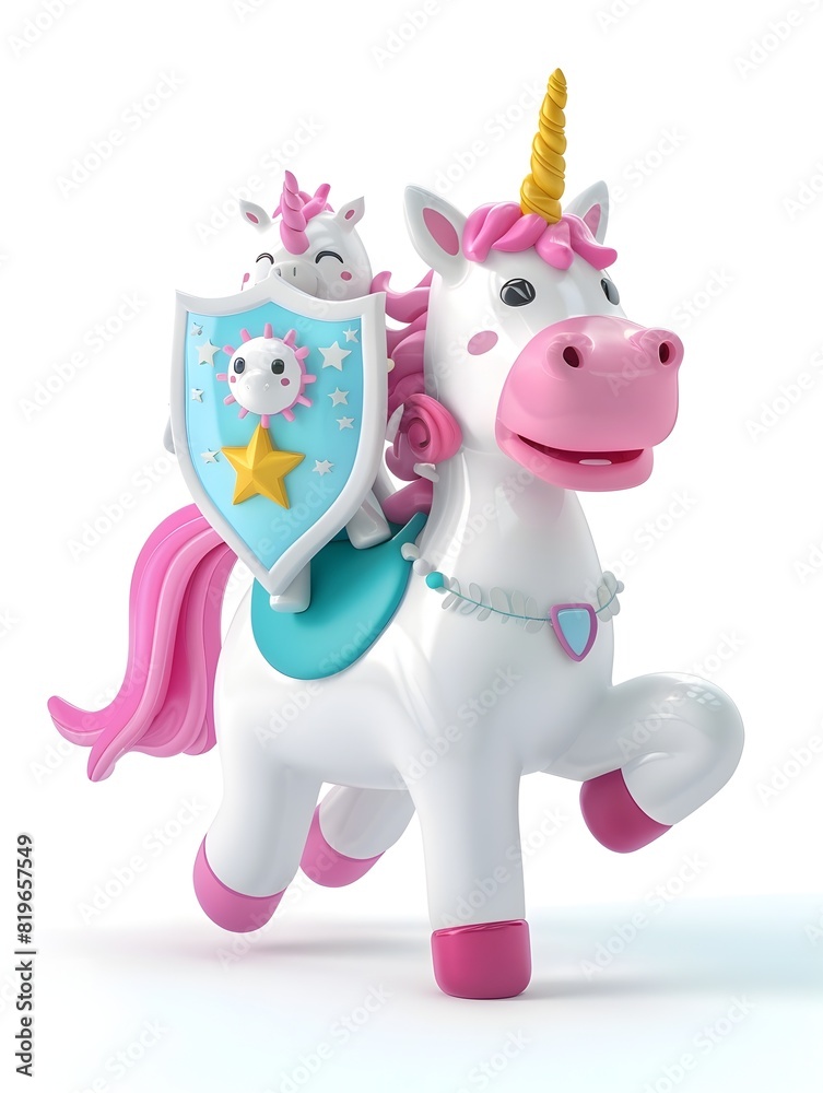 Cartoon Unicorn Antivirus Hero Defending Against Cyber Threats on White Background Cartoon Unicorn Antivirus Hero Defending Against Cyber Threats on White Background